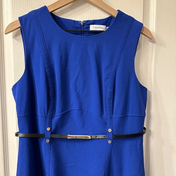 Calvin Klein | 12 Blue Belted Fitted Sheath Dress Career Ponte Knee Length - Picture 2 of 7